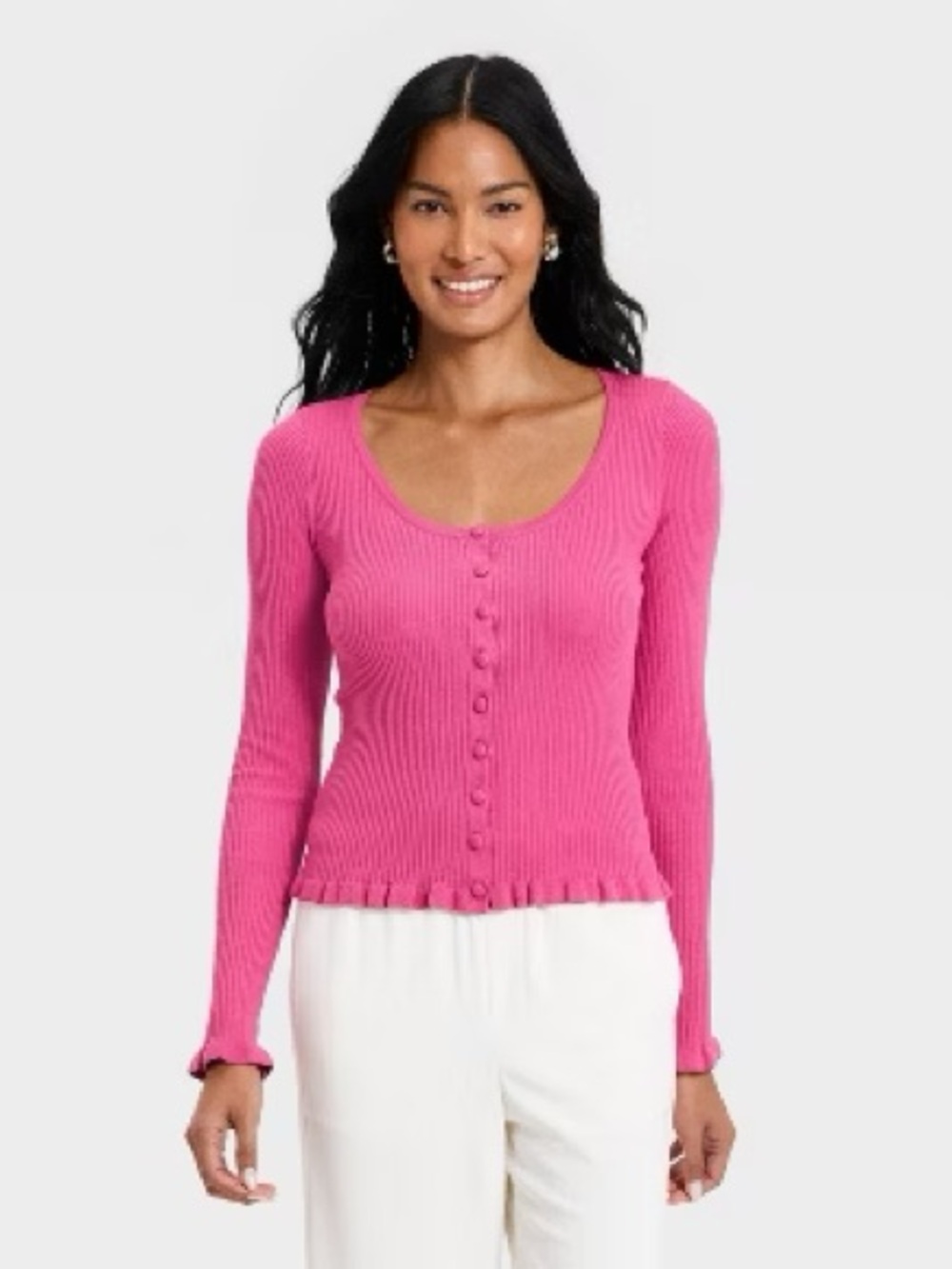 NWOT Size Small a new day Raspberry Ribbed Button-Front Long Sleeve Top